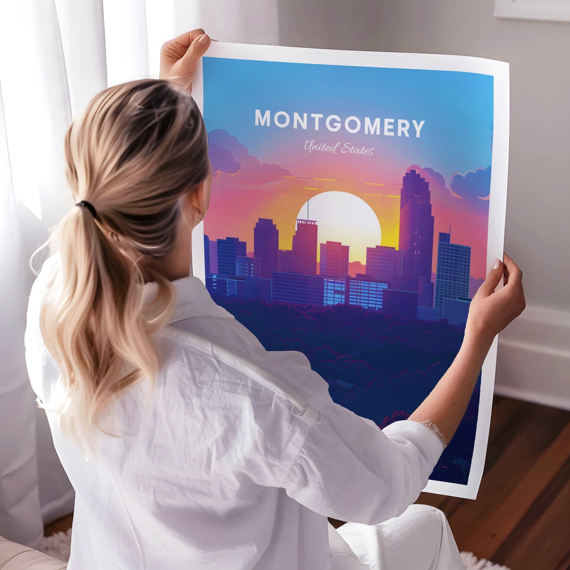 Montgomery Alabama City Skyline Pink Sunset Silhouette Travel Poster - Image 3