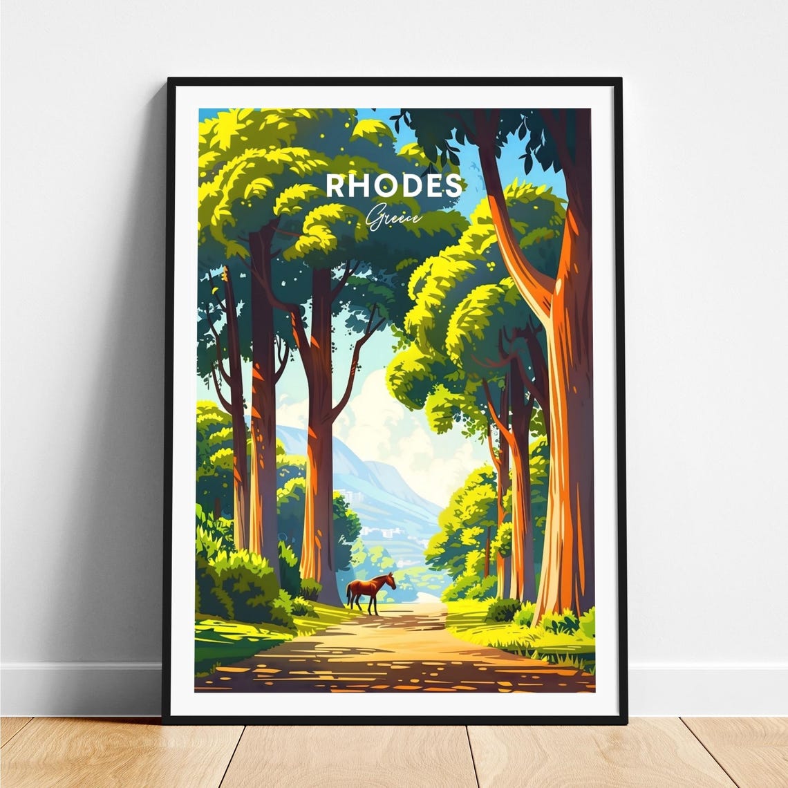 Rhodes Greece Forest Path Horse Tall Trees Sunlit Travel Poster