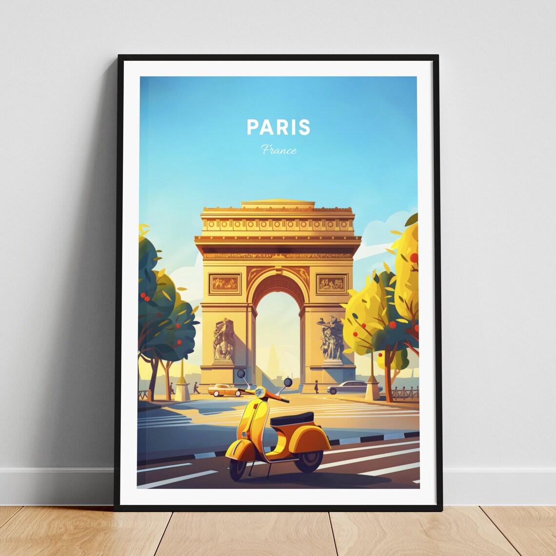 Paris France Arc de Triomphe Vintage Yellow Scooter Travel Poster