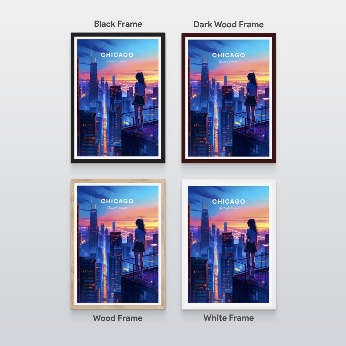 Chicago Illinois Rooftop View Sunset Skyline Anime Style Travel Poster - Image 2
