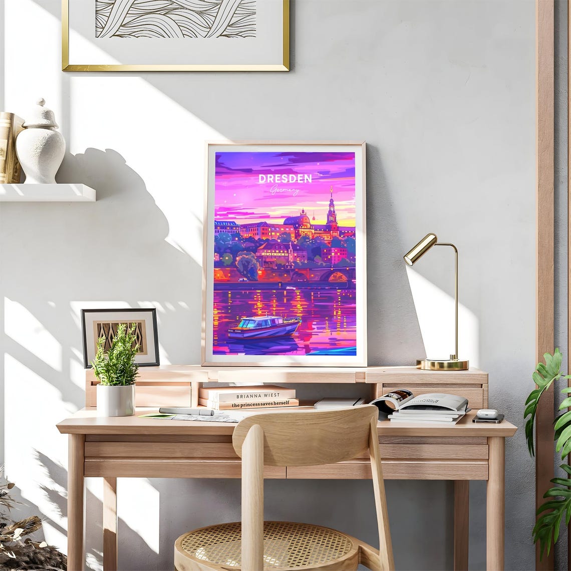 Dresden Germany River Boat Neon Sunset Skyline View Art Poster - Image 4