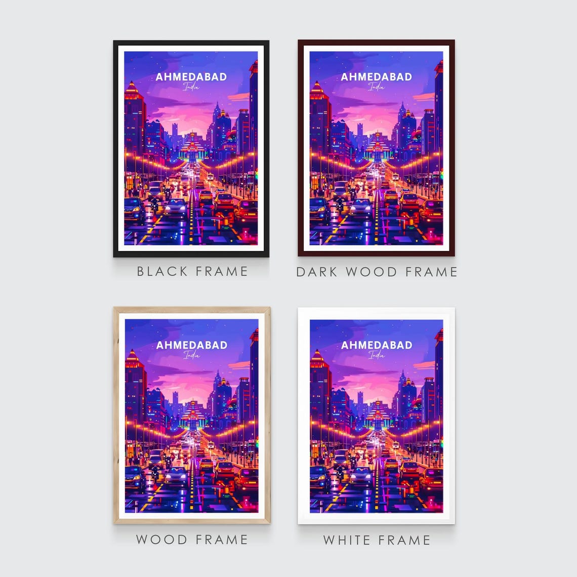 Ahmedabad India Neon Glow Night City Street Scene Travel Poster - Image 3