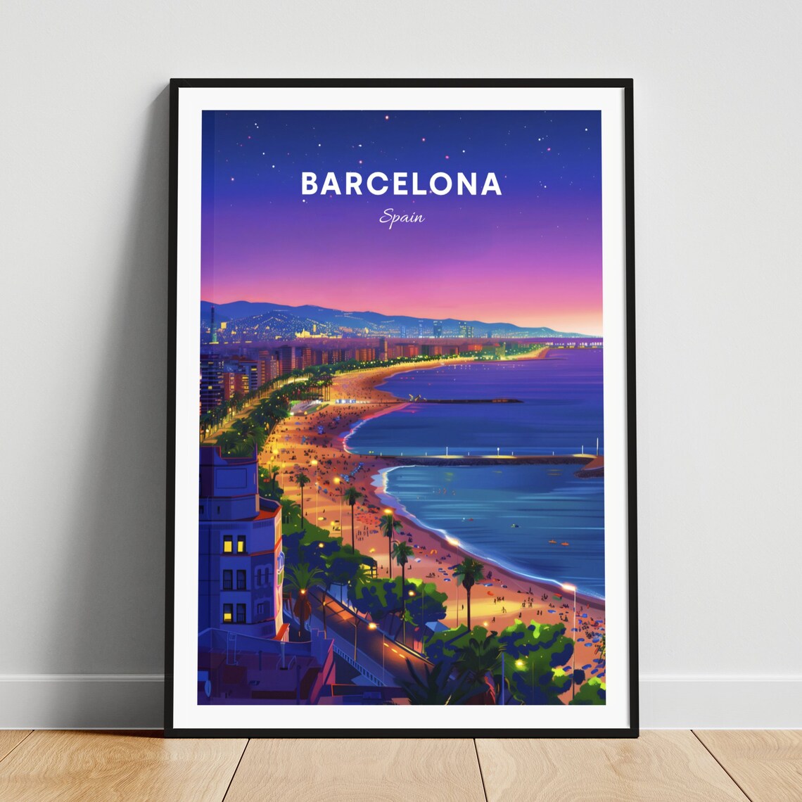 Barcelona Spain Aerial Night Beach City Lights Travel Poster