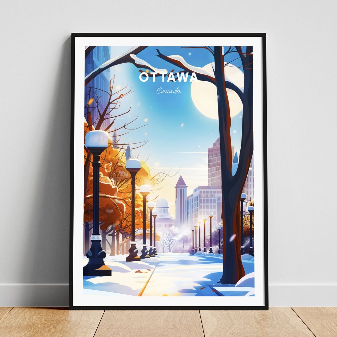 Ottawa Winter Snowy Street Lampposts Full Moon Vintage Travel Poster