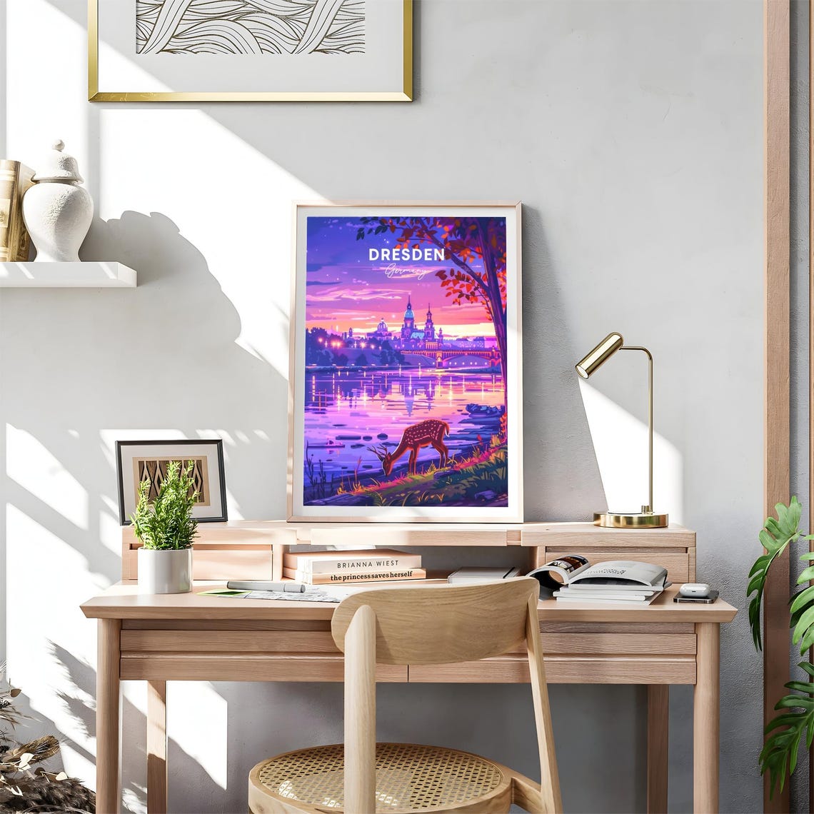 Dresden Germany River Sunset Deer Church Skyline View Art Poster - Image 4