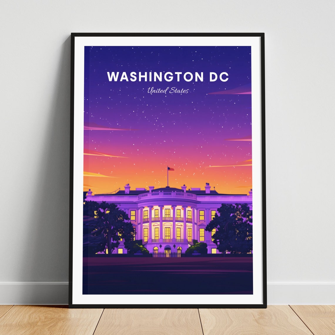 Washington DC White House Starry Dusk Sky Glowing Travel Poster
