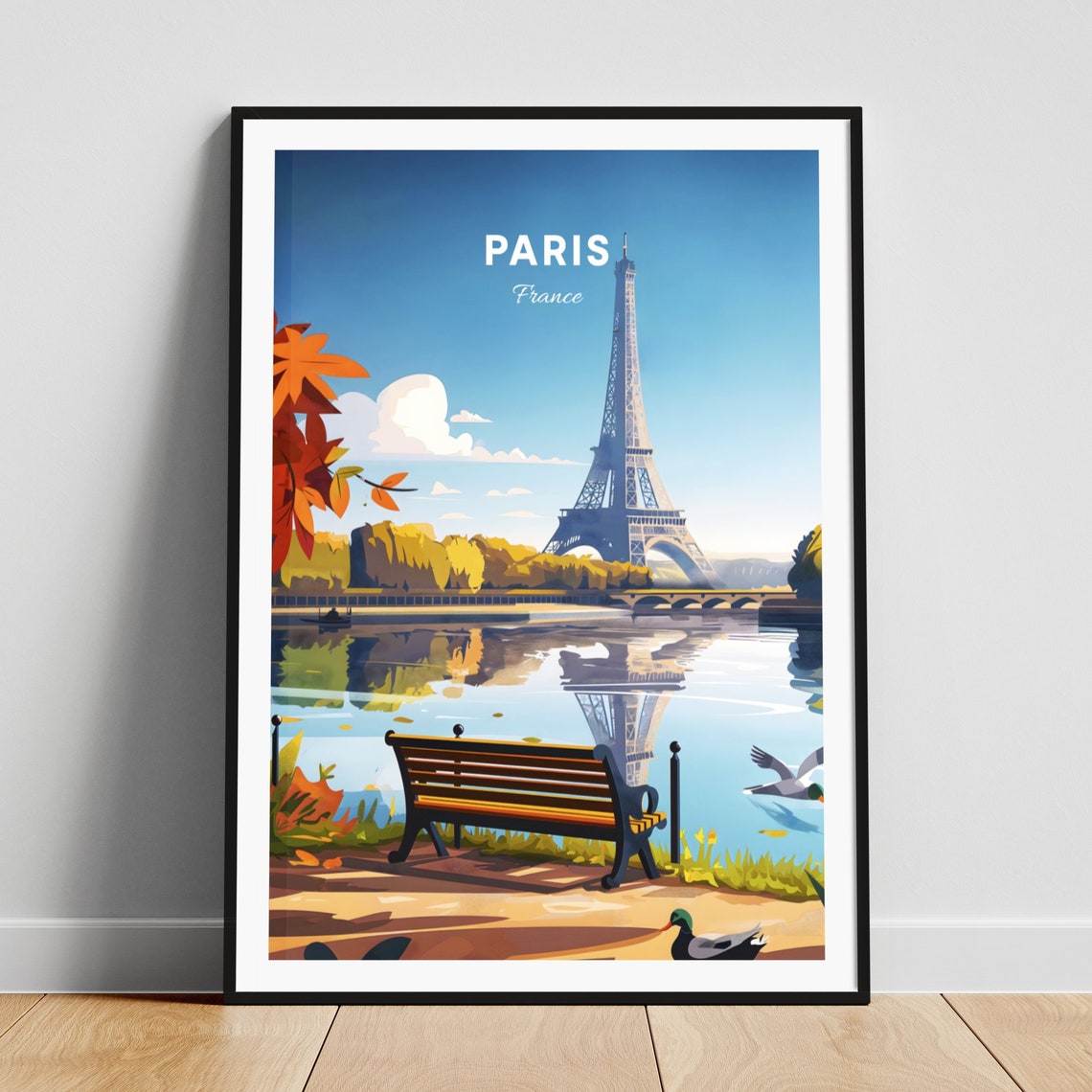 Paris Eiffel Tower Seine Riverside Autumn Bench Vintage Travel Poster