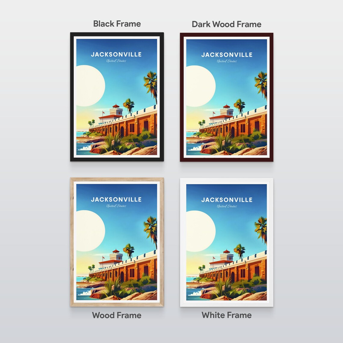Jacksonville Florida Coastal Fort Tall Palms Sunny Travel Poster - Image 2