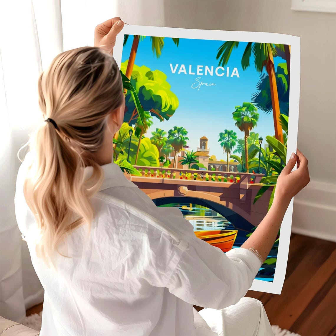 Valencia Spain Canal Boat Under Stone Bridge Palm Trees Poster - Image 3