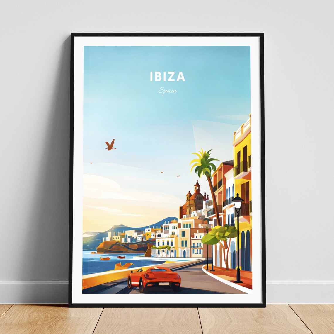 Ibiza Spain Scenic Coastal Road Red Sports Car Sea View Poster