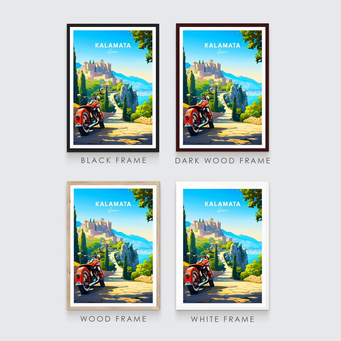 Kalamata Greece Red Motorcycle Castle Hill Road Coast Travel Poster - Image 3