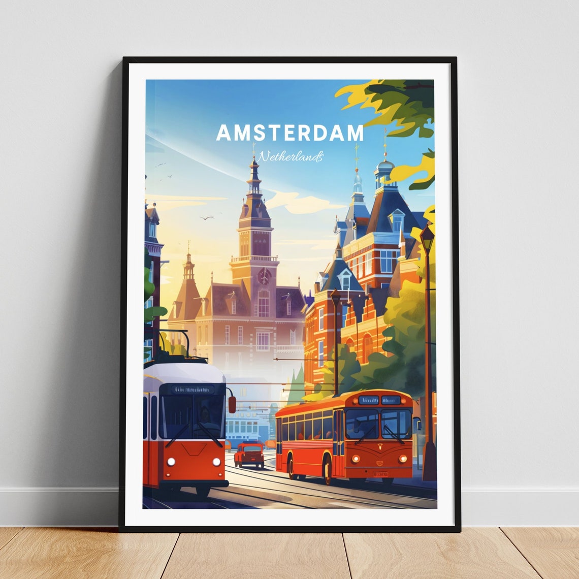 Amsterdam Netherlands Historic Trams City Center Street Art Poster