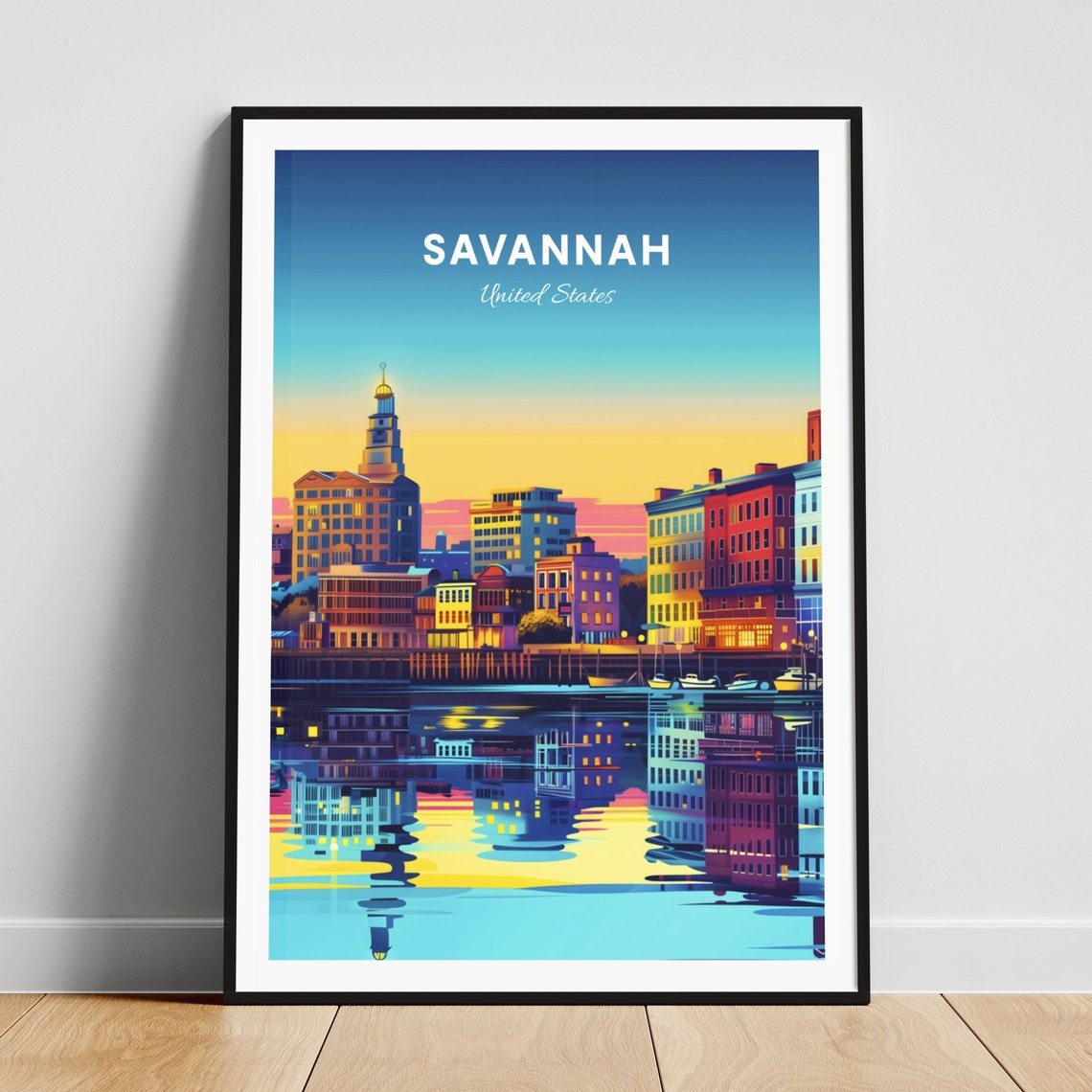 Savannah Riverfront Sunset Colorful Buildings Mirror Travel Poster