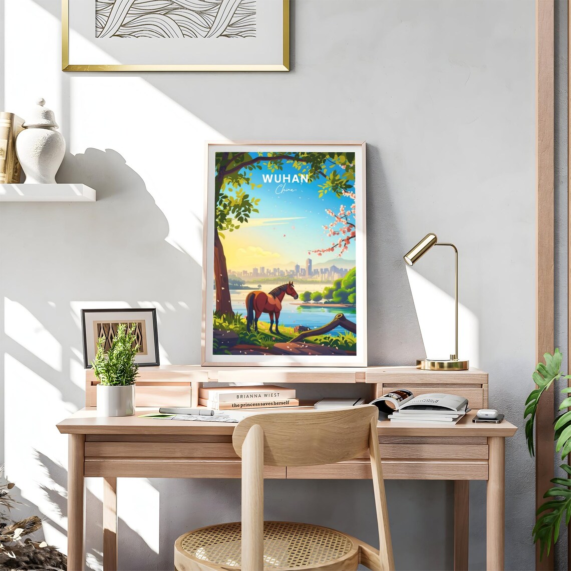 Wuhan China Lakeside Horse Sunrise Skyline Blossom View Poster - Image 4