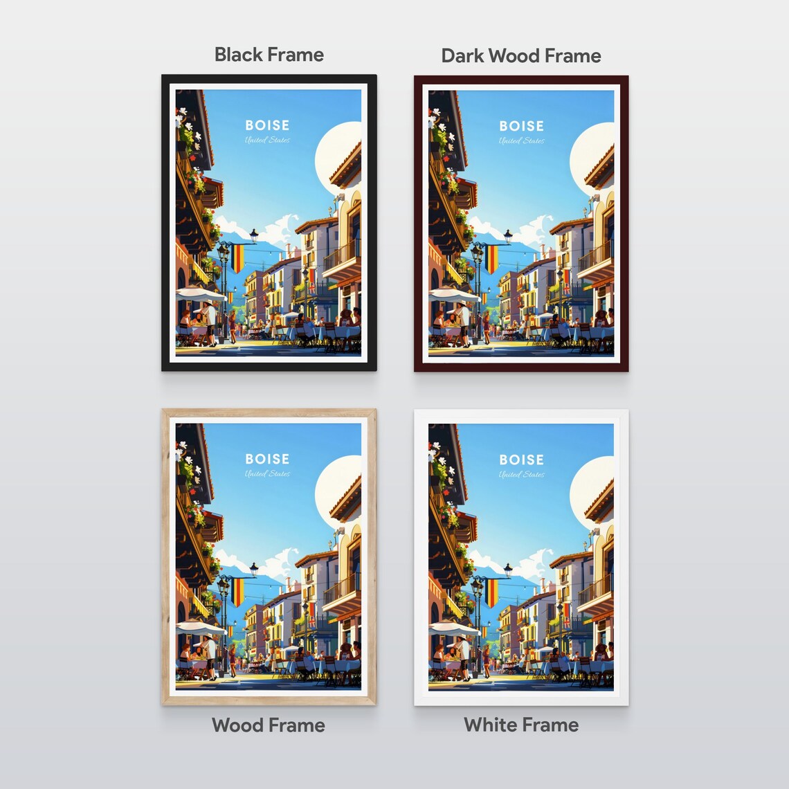 Boise Idaho Old Town Street Cafes Flags Sunny Day Travel Poster - Image 2