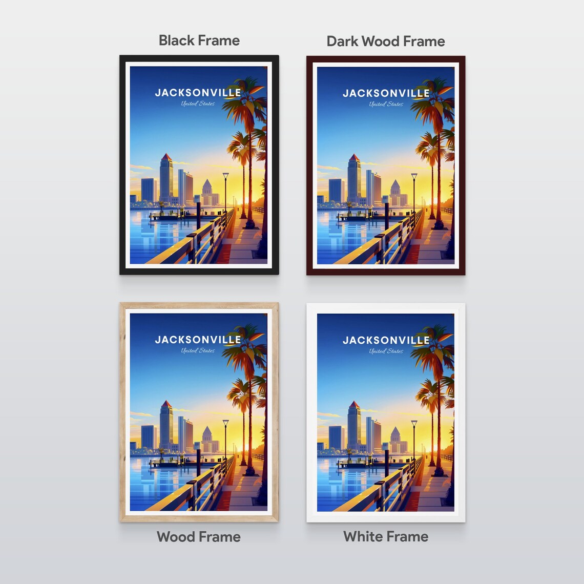 Jacksonville Florida Sunrise Riverfront with Docks Travel Poster - Image 2