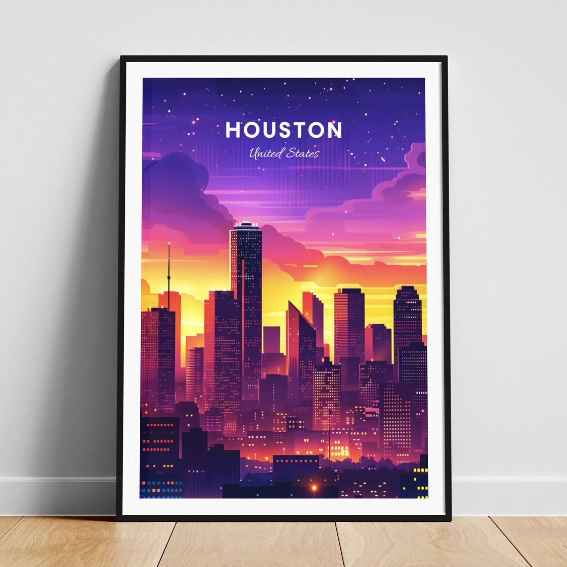 Houston Downtown Skyline at Night in Purple and Orange Poster