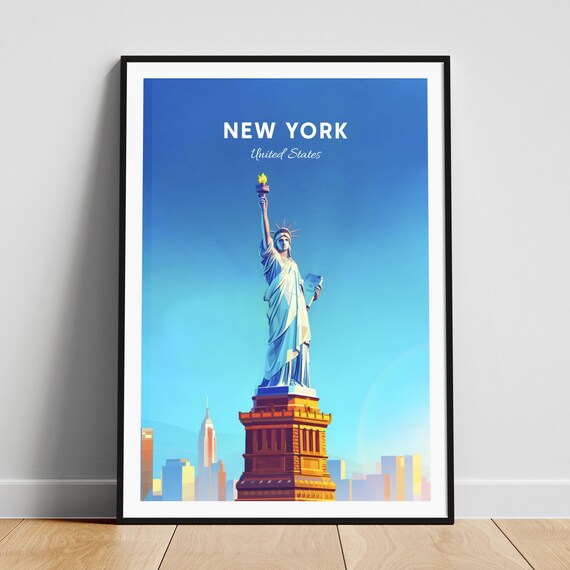 New York Statue of Liberty Torch Blue Sky Vintage Travel Poster