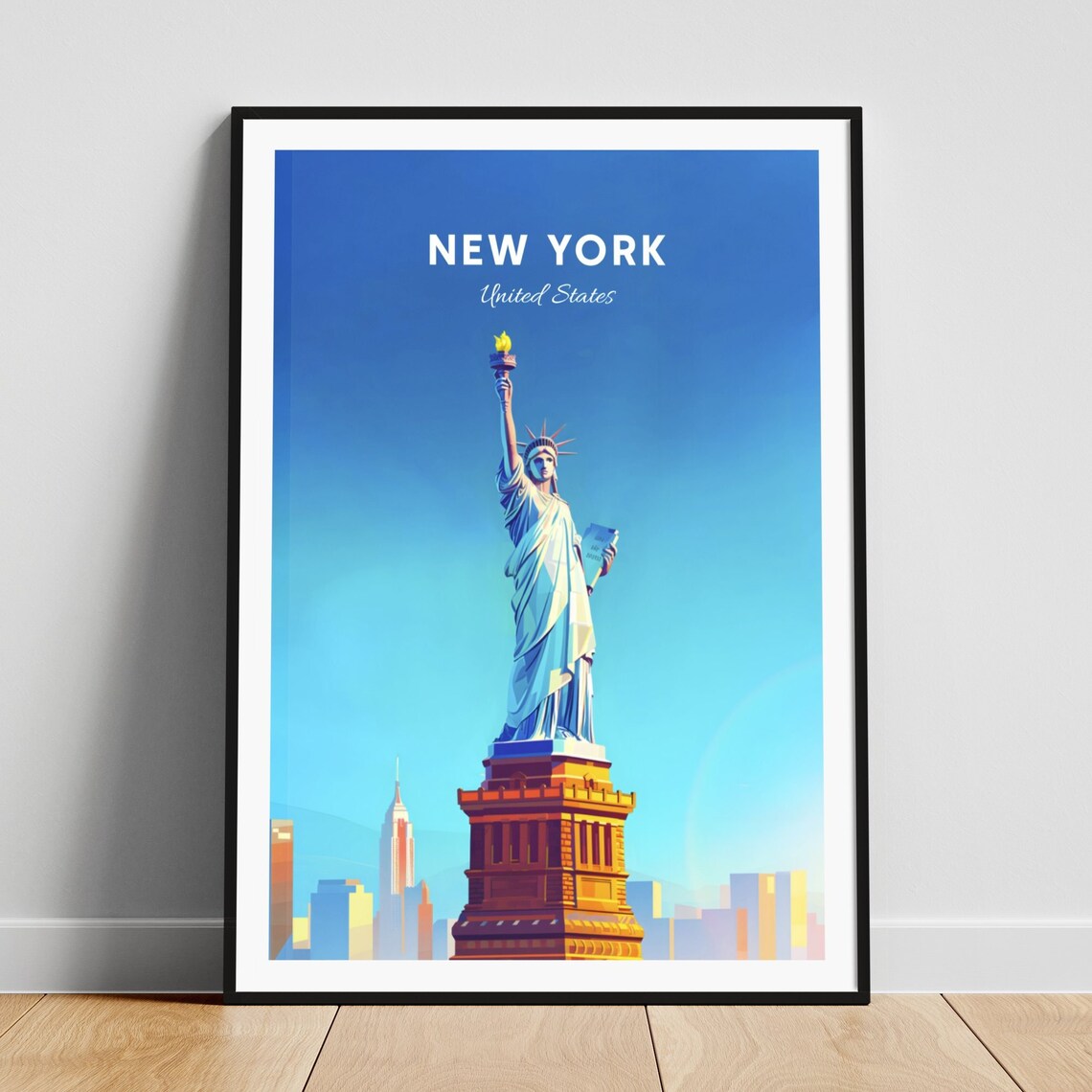 New York Statue of Liberty Torch Blue Sky Vintage Travel Poster