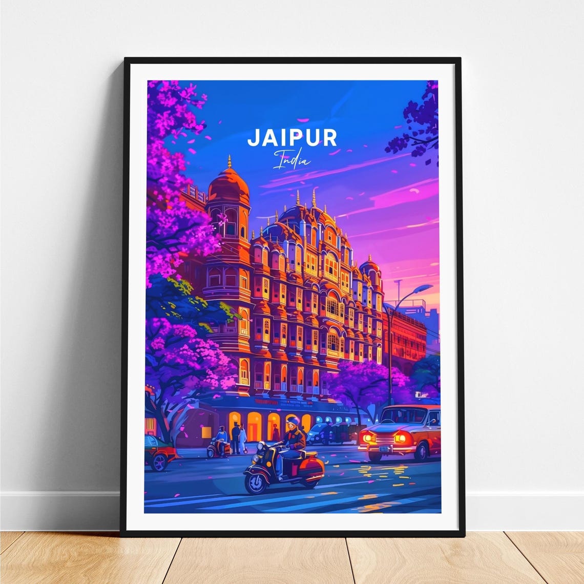 Jaipur Hawa Mahal Palace Neon Night Scooter India Travel Poster