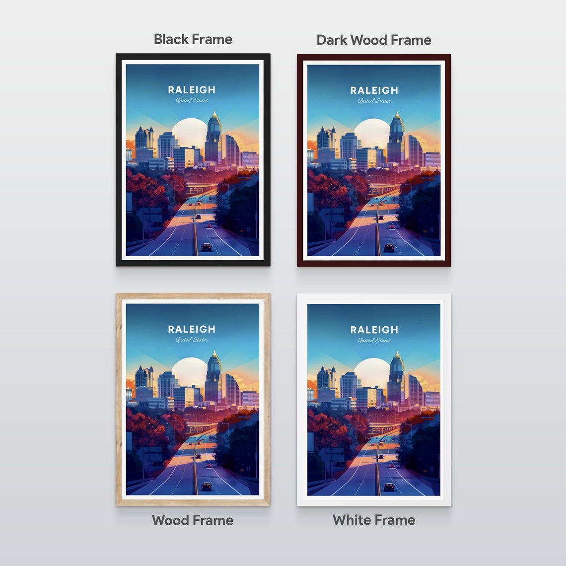 Raleigh North Carolina Downtown Skyline Freeway Sunset Poster - Image 2