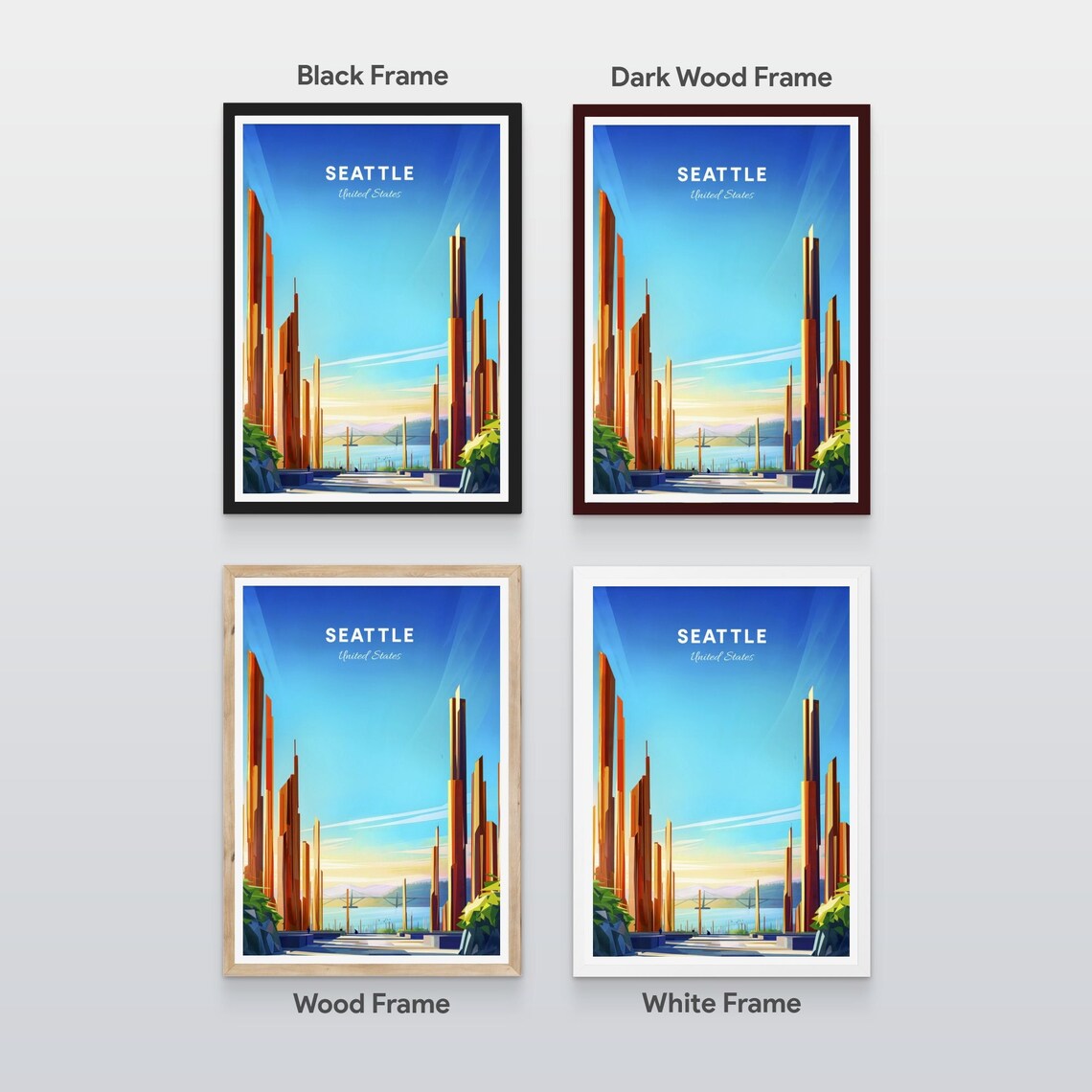Seattle Washington Modern Skyscraper Canyon Bridge Travel Art Poster - Image 2