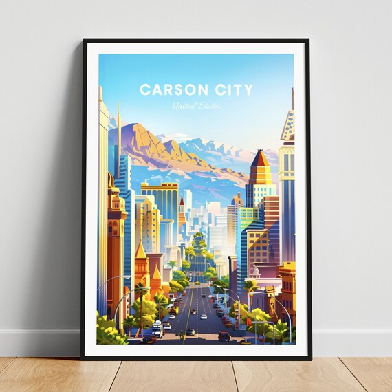 Carson City Bustling Downtown Street With Mountain View Travel Poster