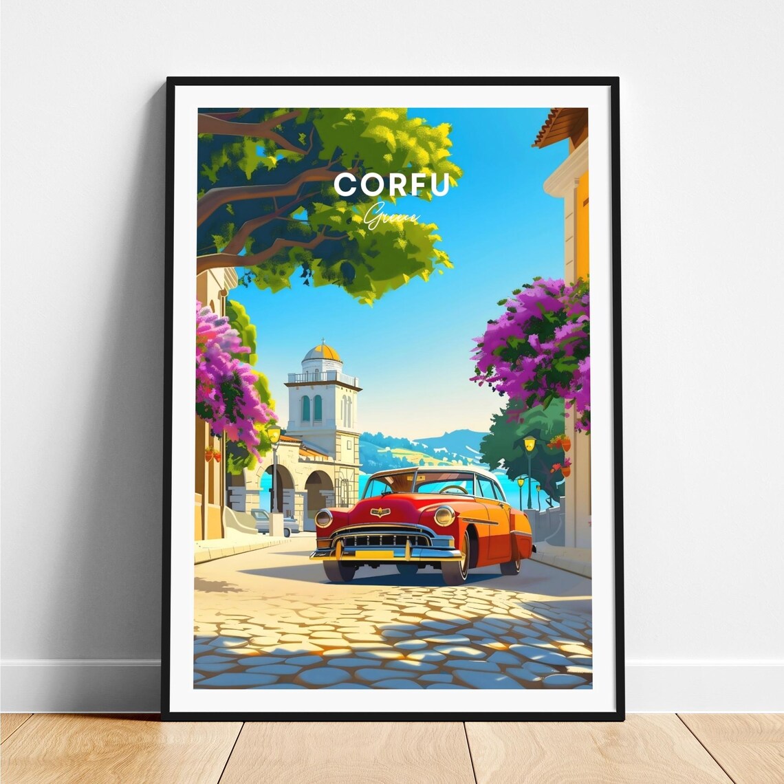 Corfu Greece Classic Red Car Cobblestone Street Travel Poster