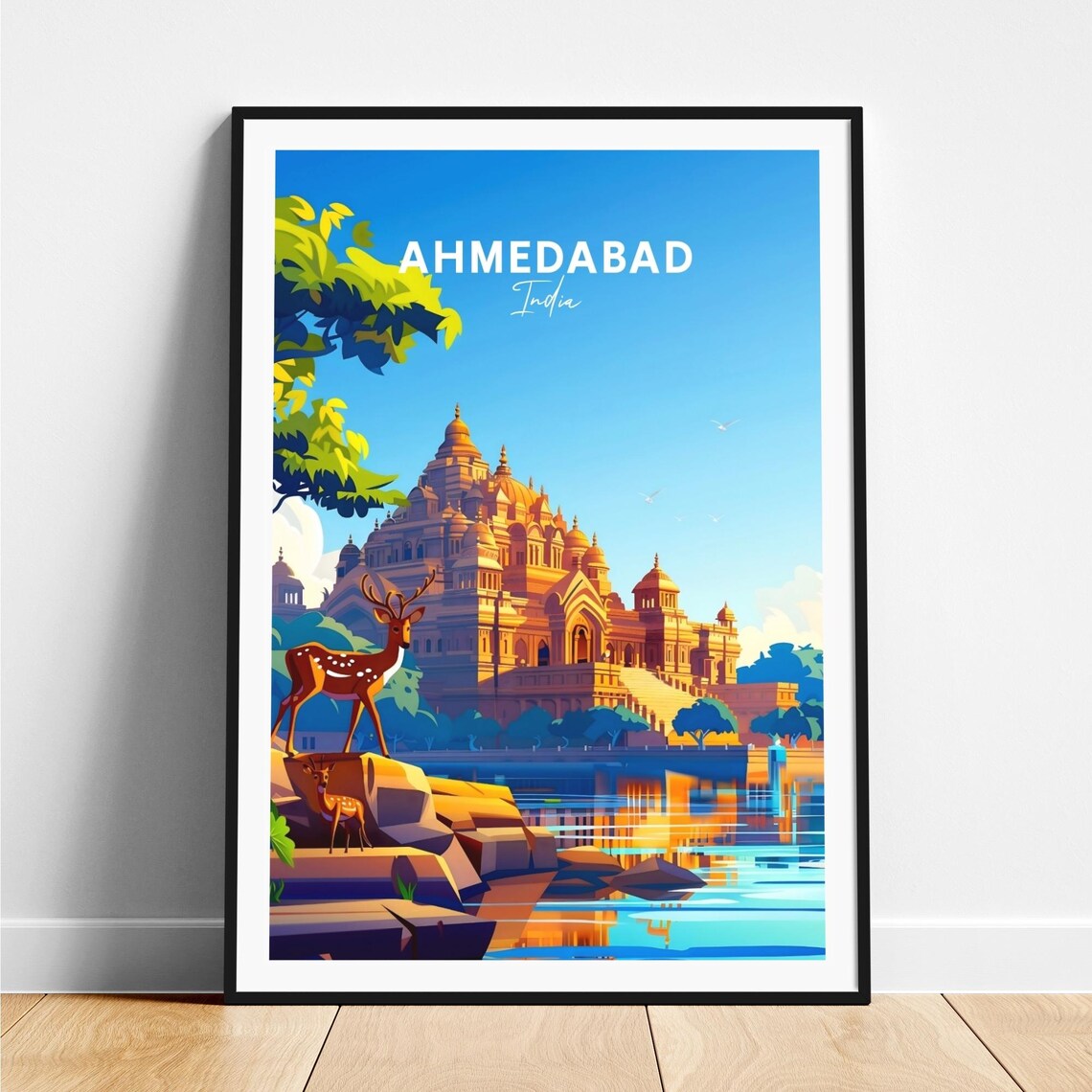 Ahmedabad Golden Temple Lake Reflections Deer India Travel Poster
