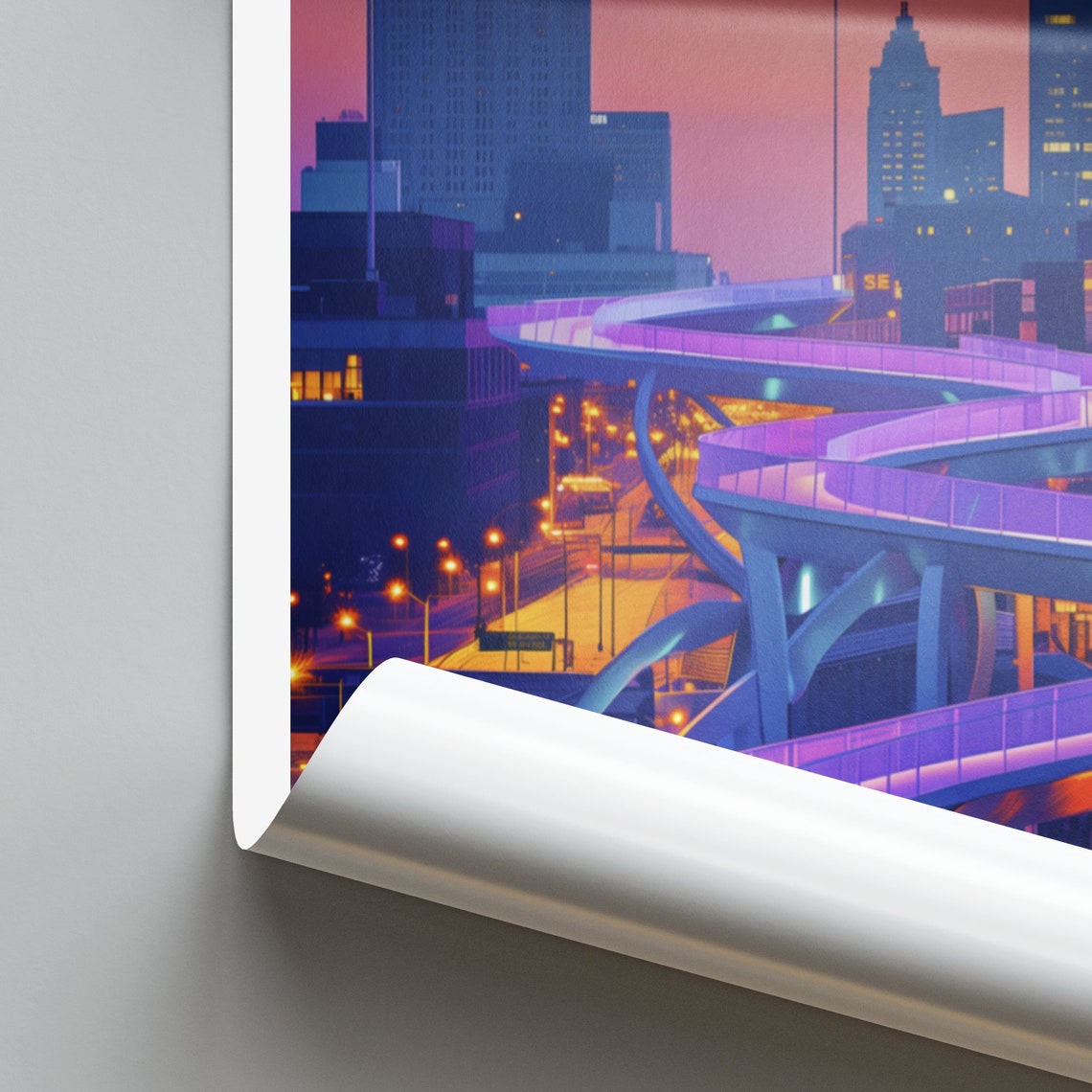 Des Moines Illuminated Skywalk Bridge at Night Travel Poster - Image 2