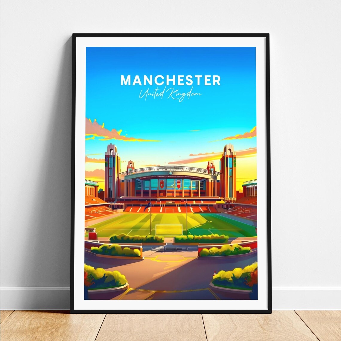 Manchester England Football Stadium Golden Sunset Travel Poster