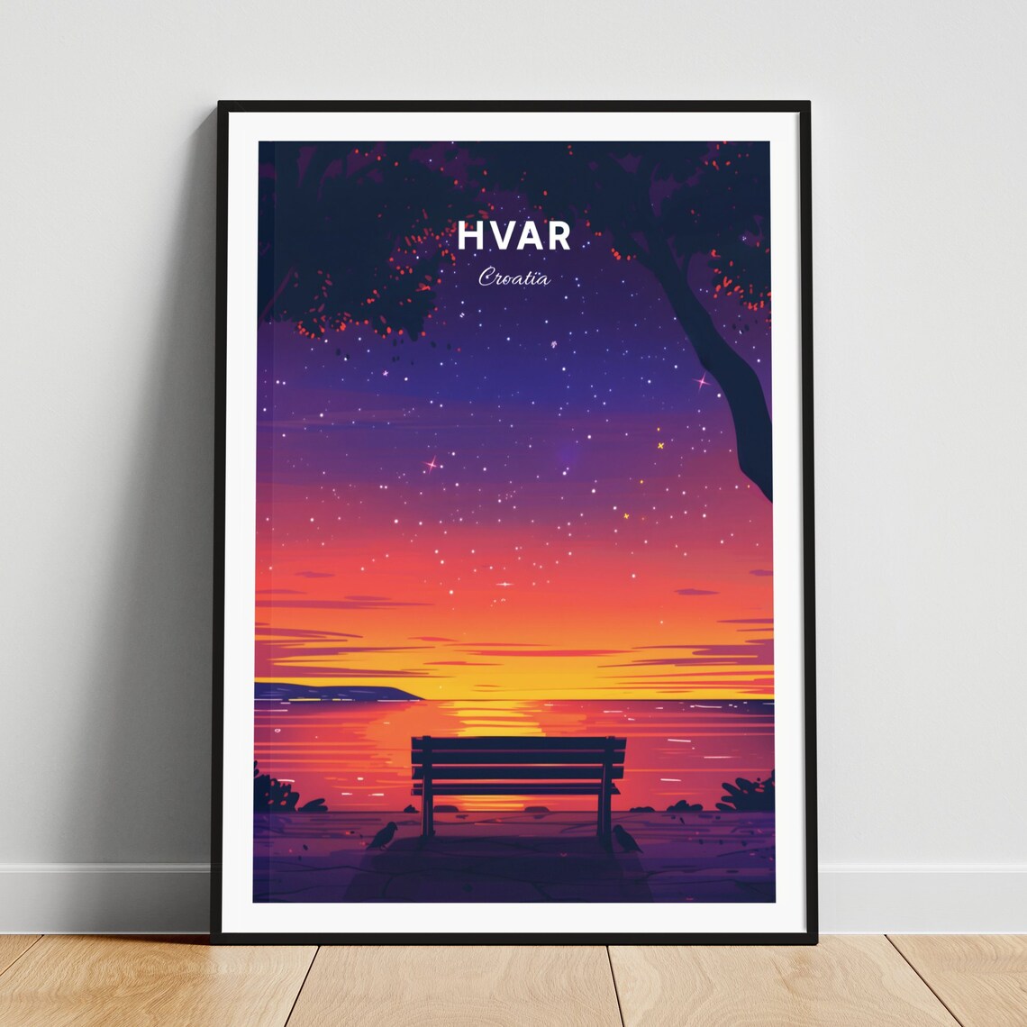 Hvar Croatia Sunset Bench Silhouette Starry Sky Sea Evening Poster