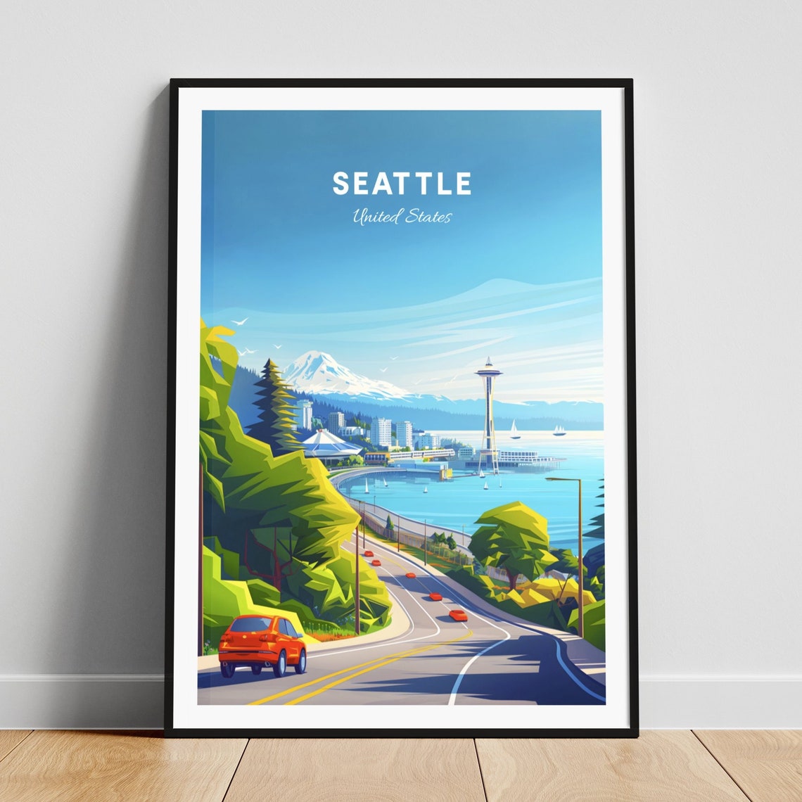 Seattle United States Space Needle Mount Rainier Travel Poster