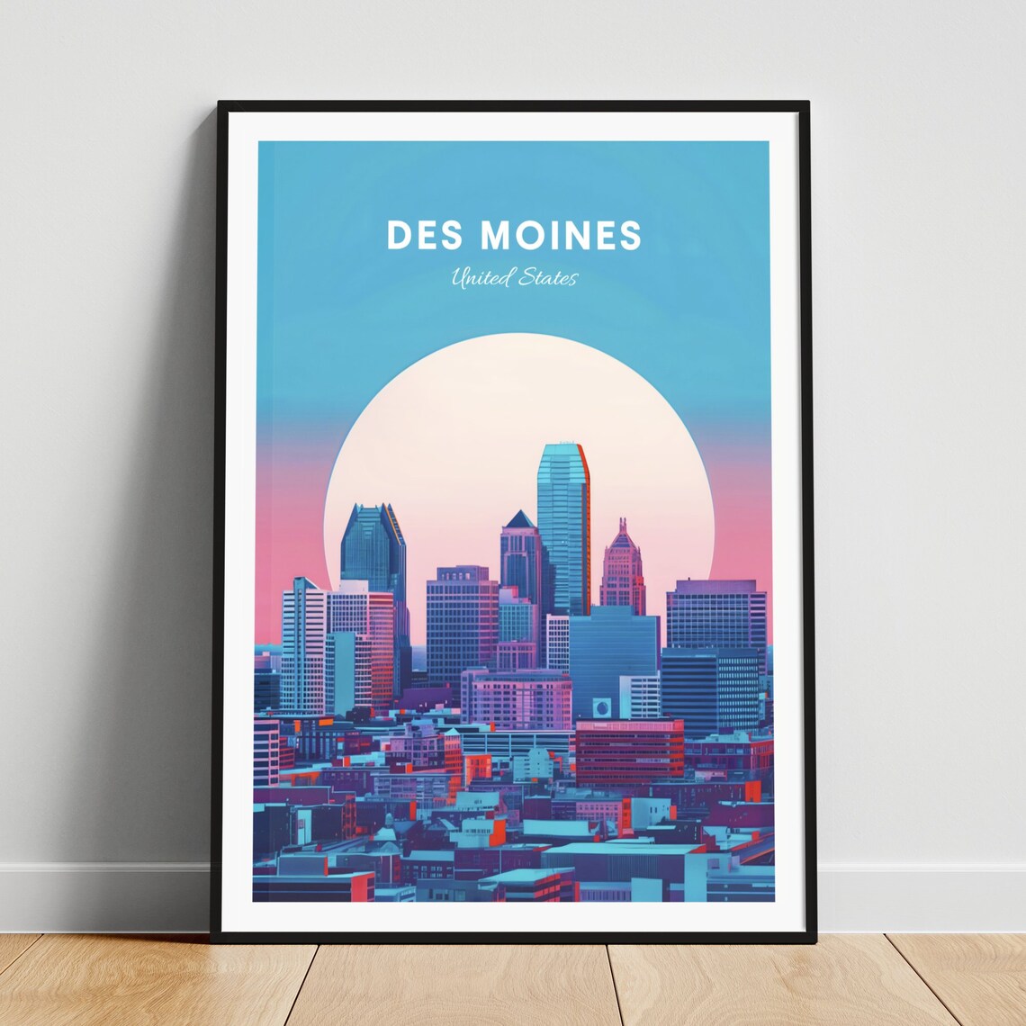 Des Moines City Skyline Under the Giant Full Moon Travel Poster
