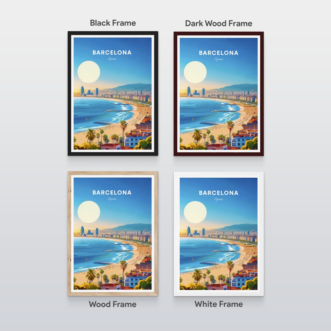 Barcelona Spain Sunrise Beach Panorama Skyline Travel Poster - Image 2