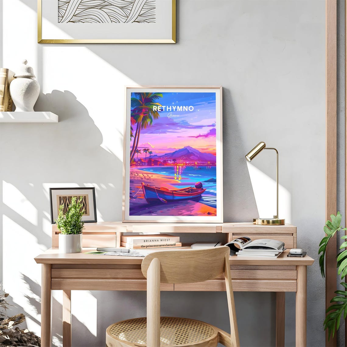 Rethymno Greece Sunset Beach Boat Palms Coast Evening Poster - Image 4