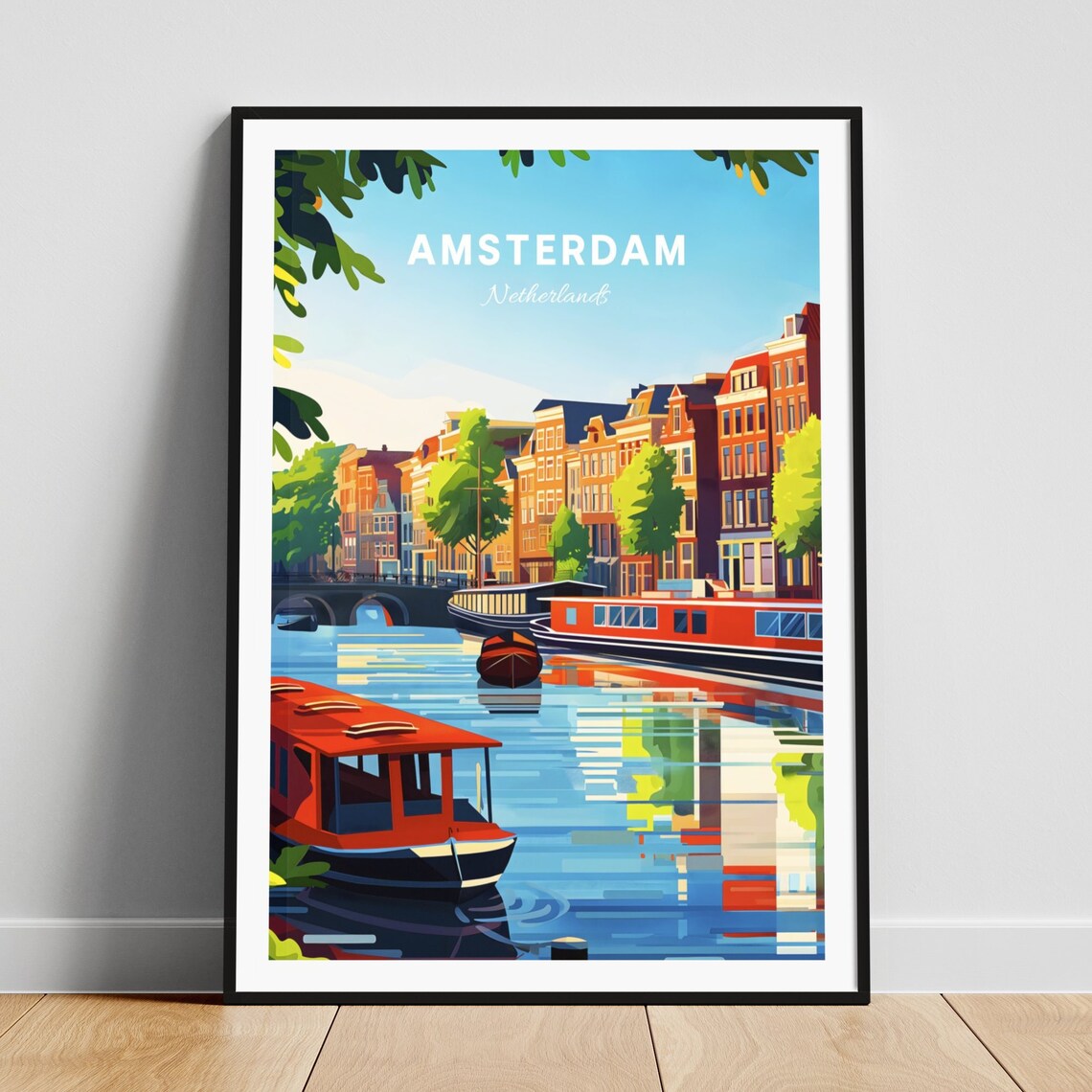 Amsterdam Netherlands Canal Houseboats Vintage Travel Wall Poster