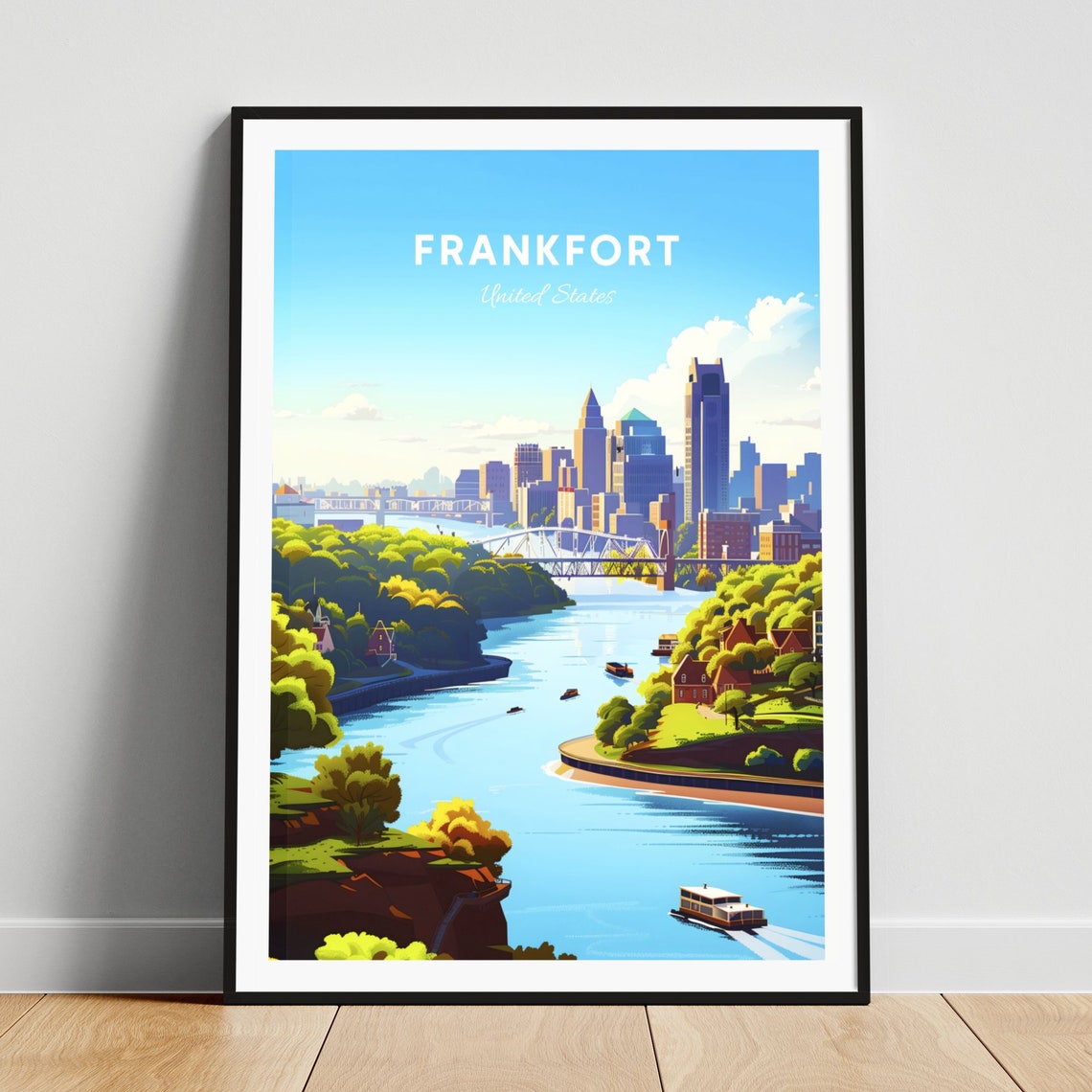 Frankfort Kentucky River Bridge Skyline Scenic Vintage Travel Poster