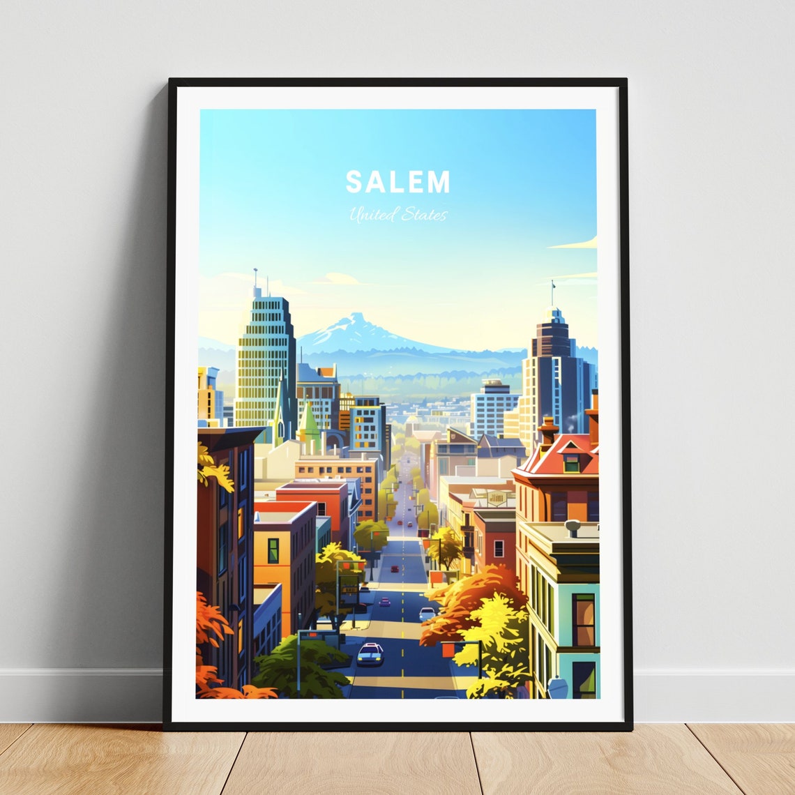 Salem United States Downtown Street with Mountain Backdrop Poster