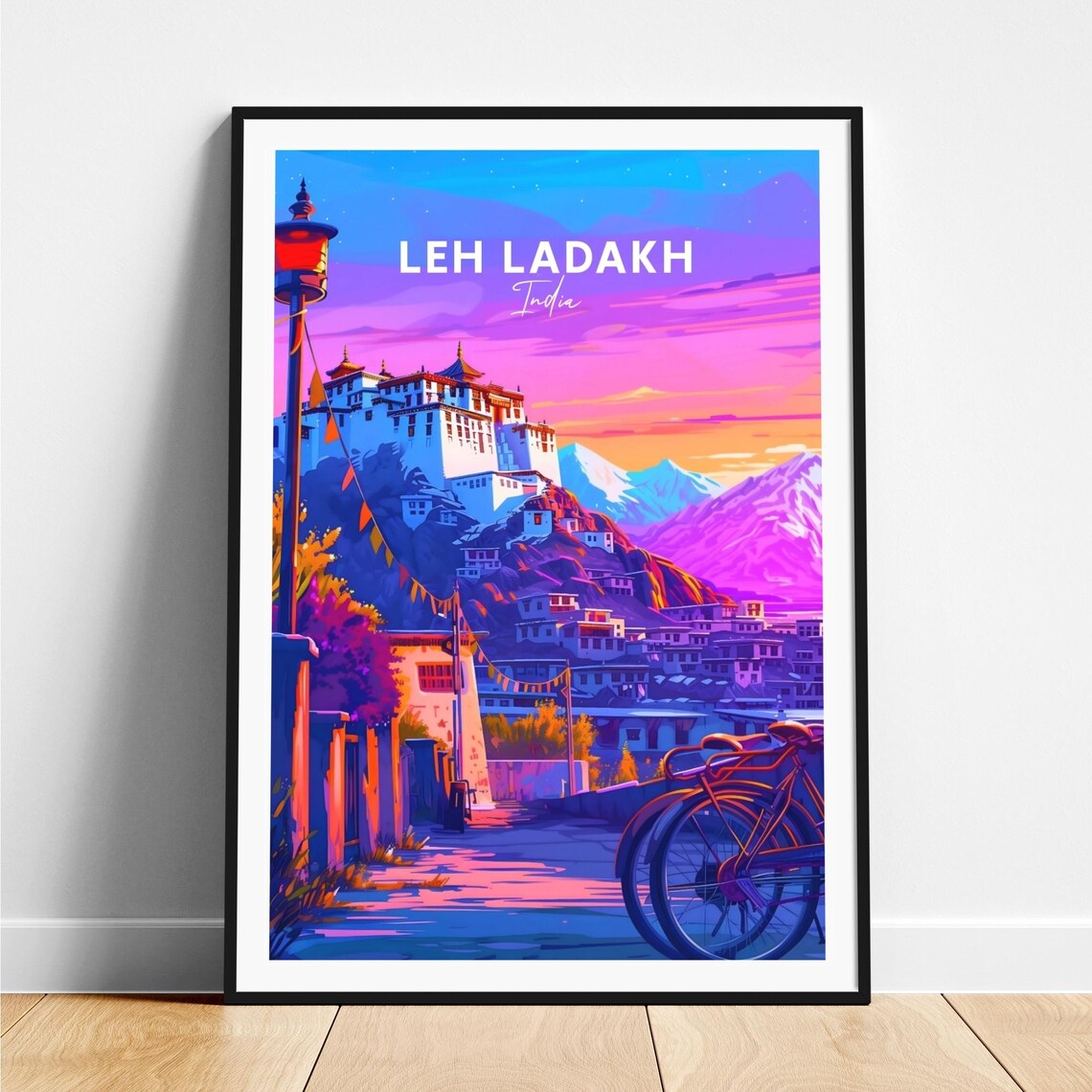 Leh Ladakh India Sunset Monastery Town Fluttering Prayer Flags Poster
