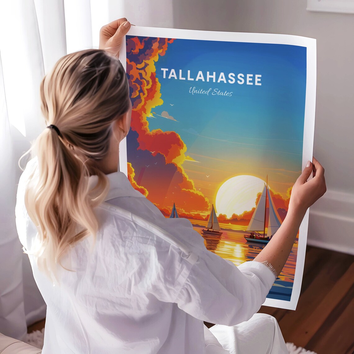 Tallahassee Florida Sailboats At Sunset Watercolor Travel Poster - Image 3