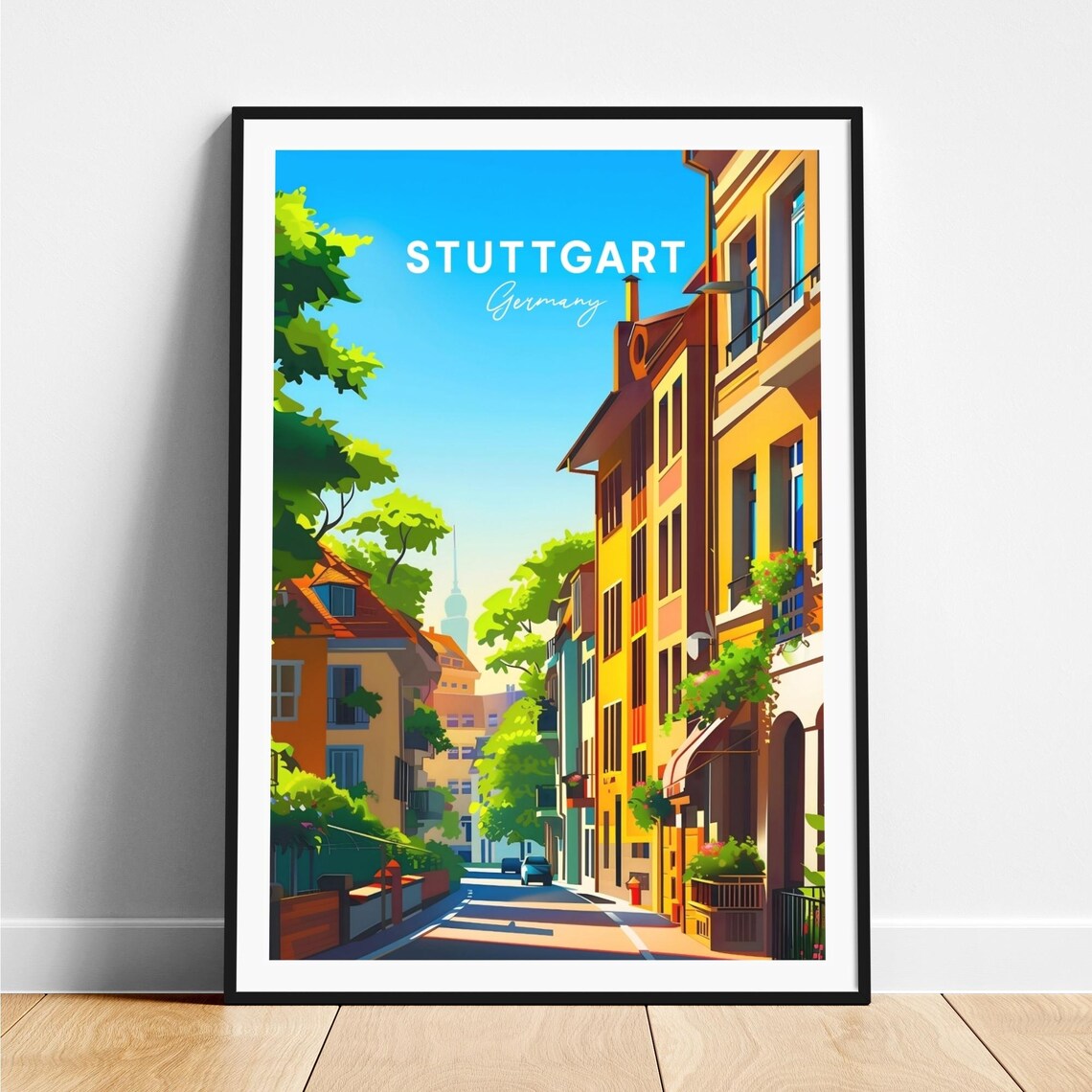 Stuttgart Sunny Residential Street Colorful Houses Travel Poster