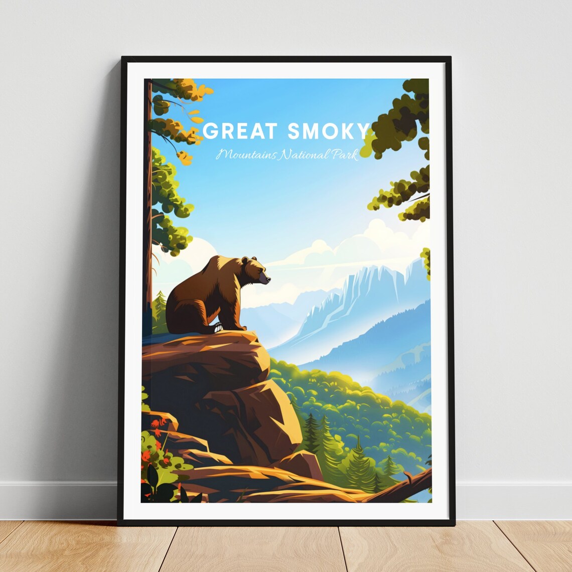 Great Smoky Mountains Bear on Rocky Cliff Daytime Travel Poster
