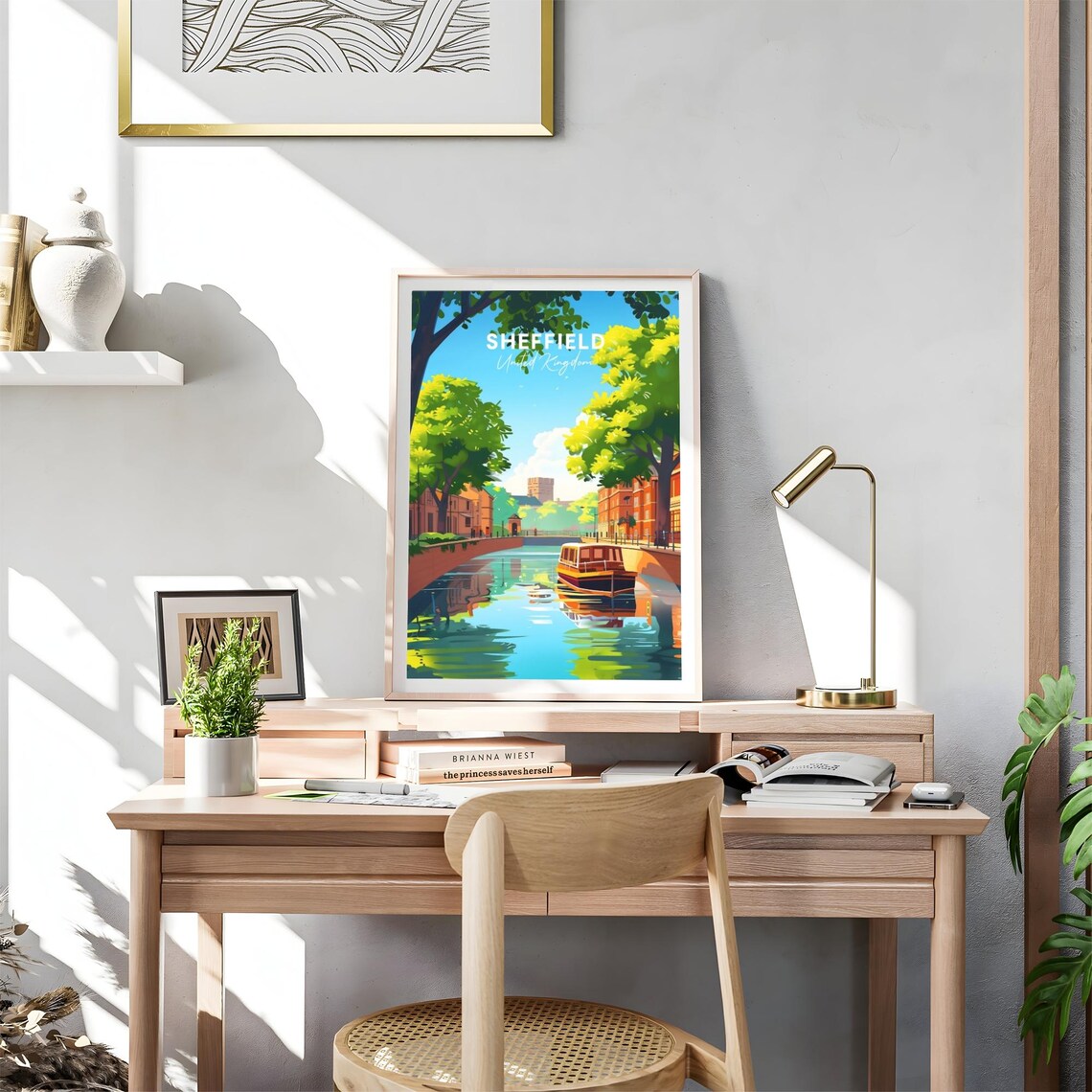 Sheffield Sunny Canal Boat Green Trees England Travel Poster - Image 4