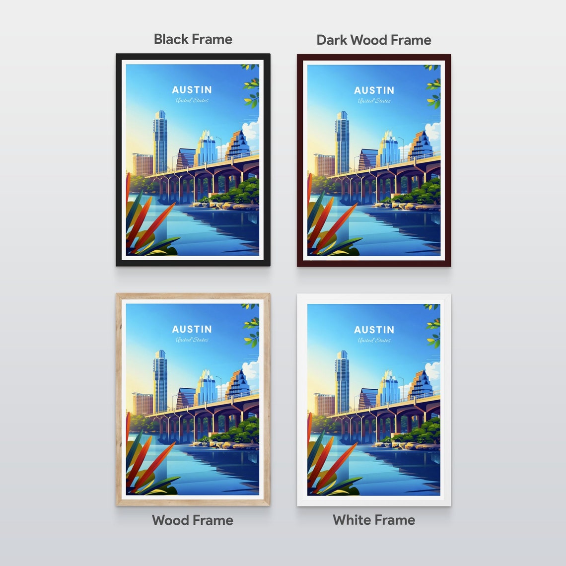 Austin Texas Downtown Skyline Bridge River Evening Travel Poster - Image 2