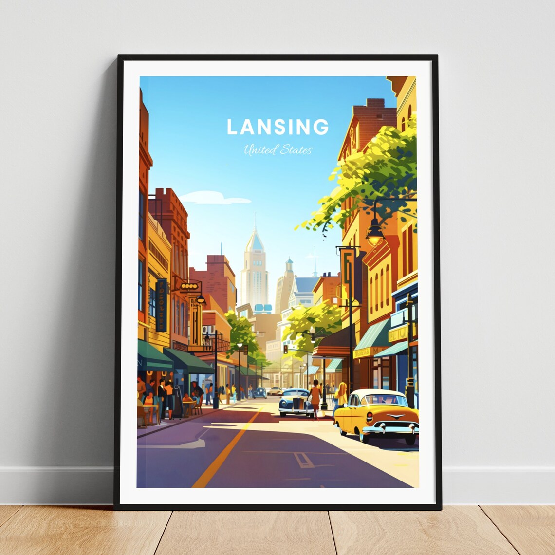 Lansing United States Sunny Downtown Street with Classic Cars Poster
