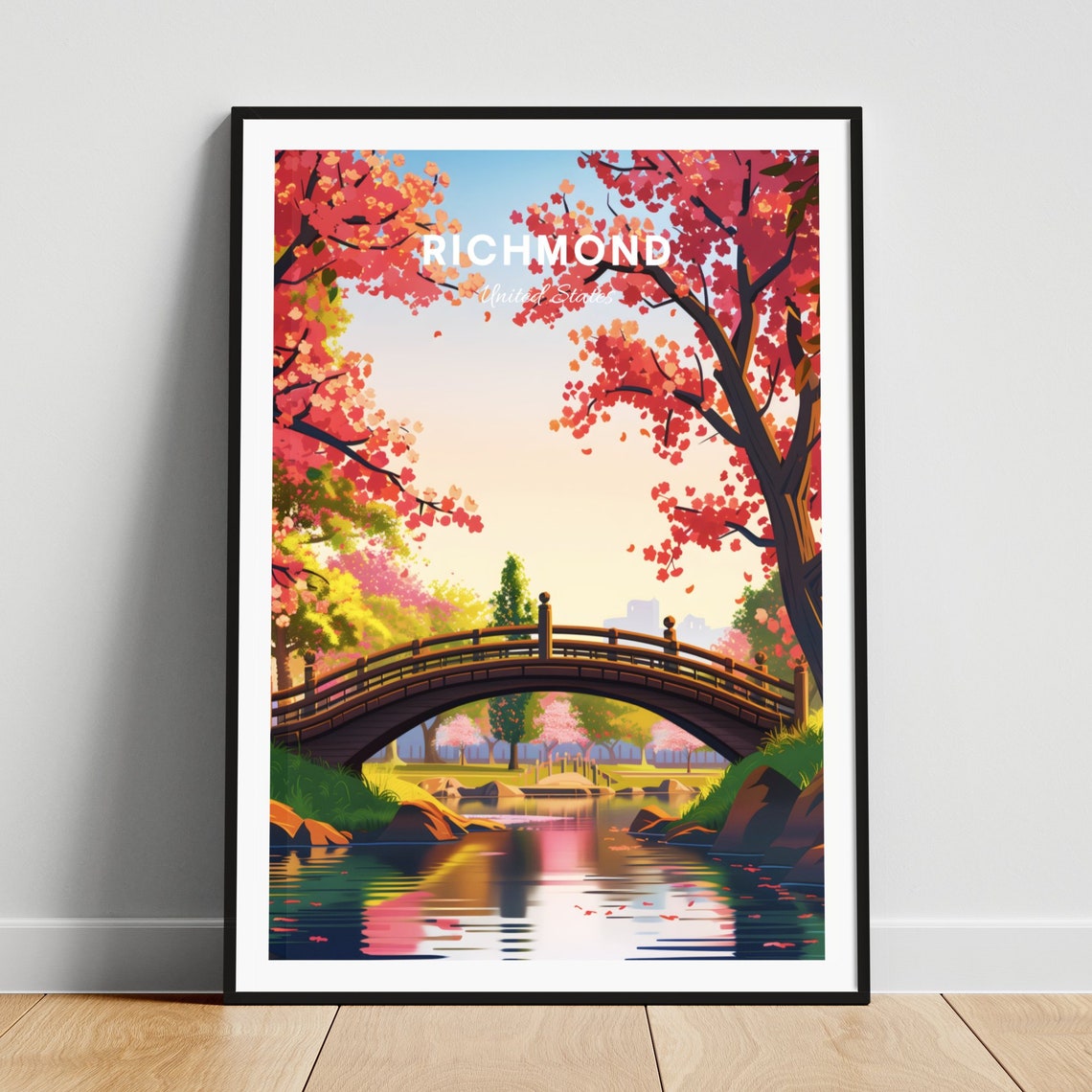 Richmond Cherry Blossom Bridge Over Calm Water Travel Poster