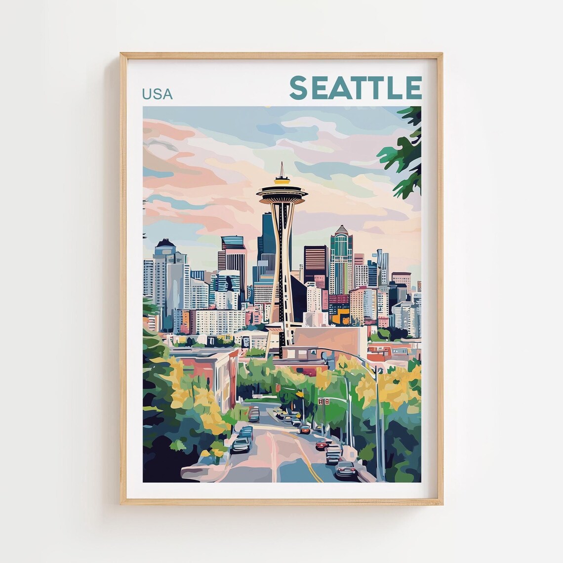 Seattle Skyline Watercolor Painting, Travel Poster