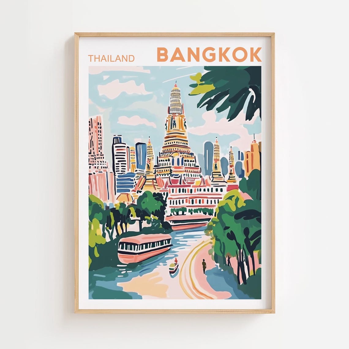 Thailand Travel Poster, Vintage Bangkok Cityscape