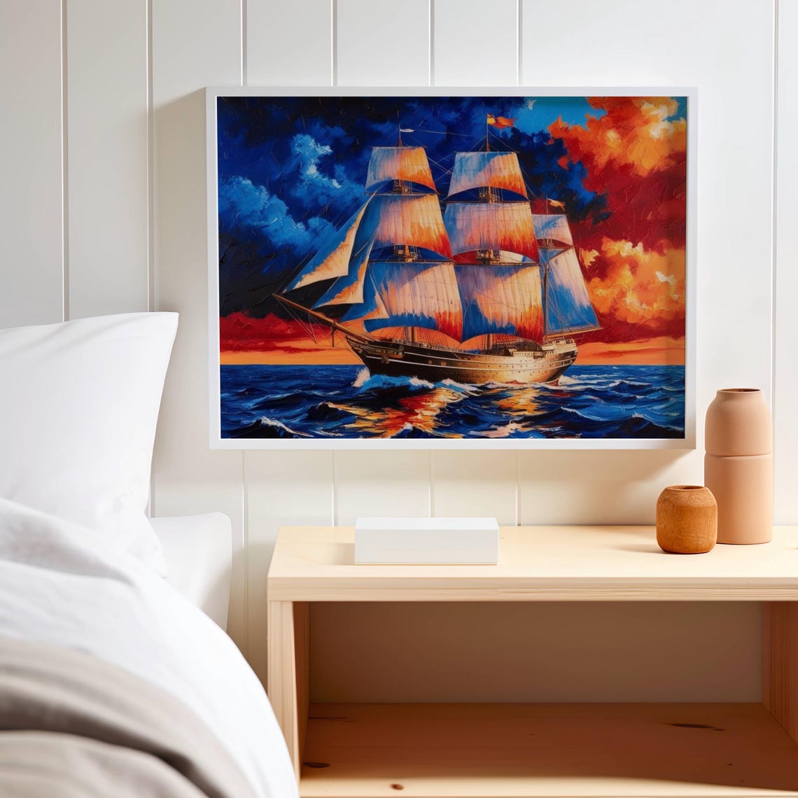 Majestic Sailing Ship Sunset Painting Vibrant Maritime Art For Nautical Decor Ocean Lovers
